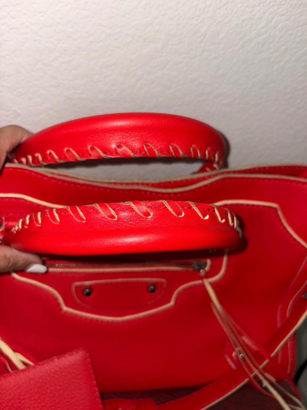 Balenciaga Highlight City Moto Calfskin Leather Rouge White Piping Bag View 4